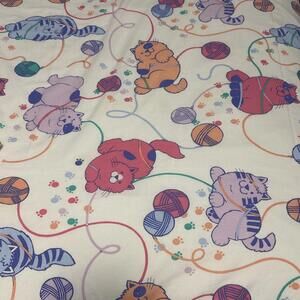 Vintage 1980’s Queen Size Bed Sheets Colorful Cats With Yarn Paw Prints Fun